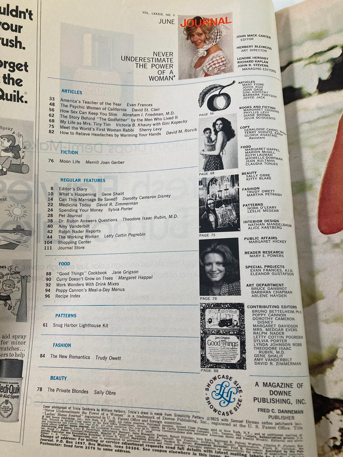 Interior page of the VTG Ladies' Home Journal Magazine June 1972, showcasing the table of contents with various articles, including 'The Many Ways To Go Blonde.'