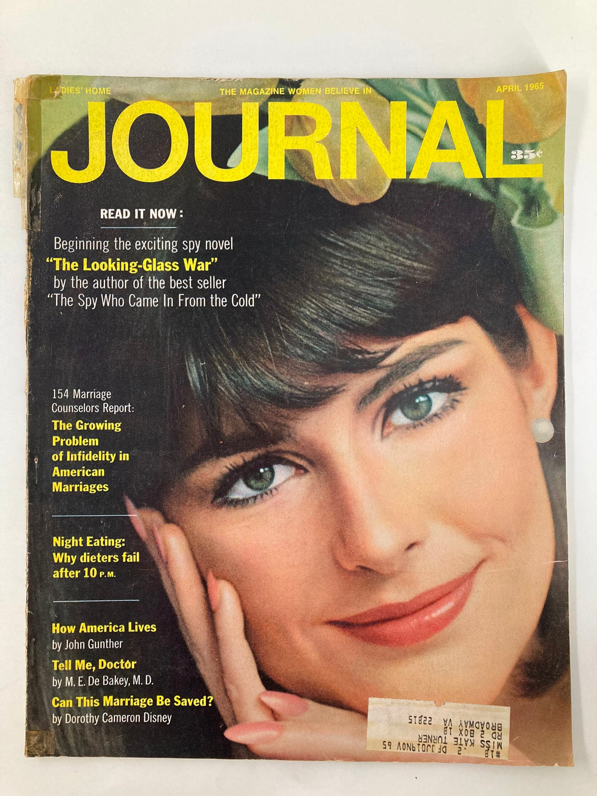 Cover of VTG Ladies' Home Journal Magazine April 1965 displaying a woman with striking green eyes, featuring an article titled 'Night Eating: Why Dieters Fail After 10 p.m.' alongside text about marriage advice and a spy novel.