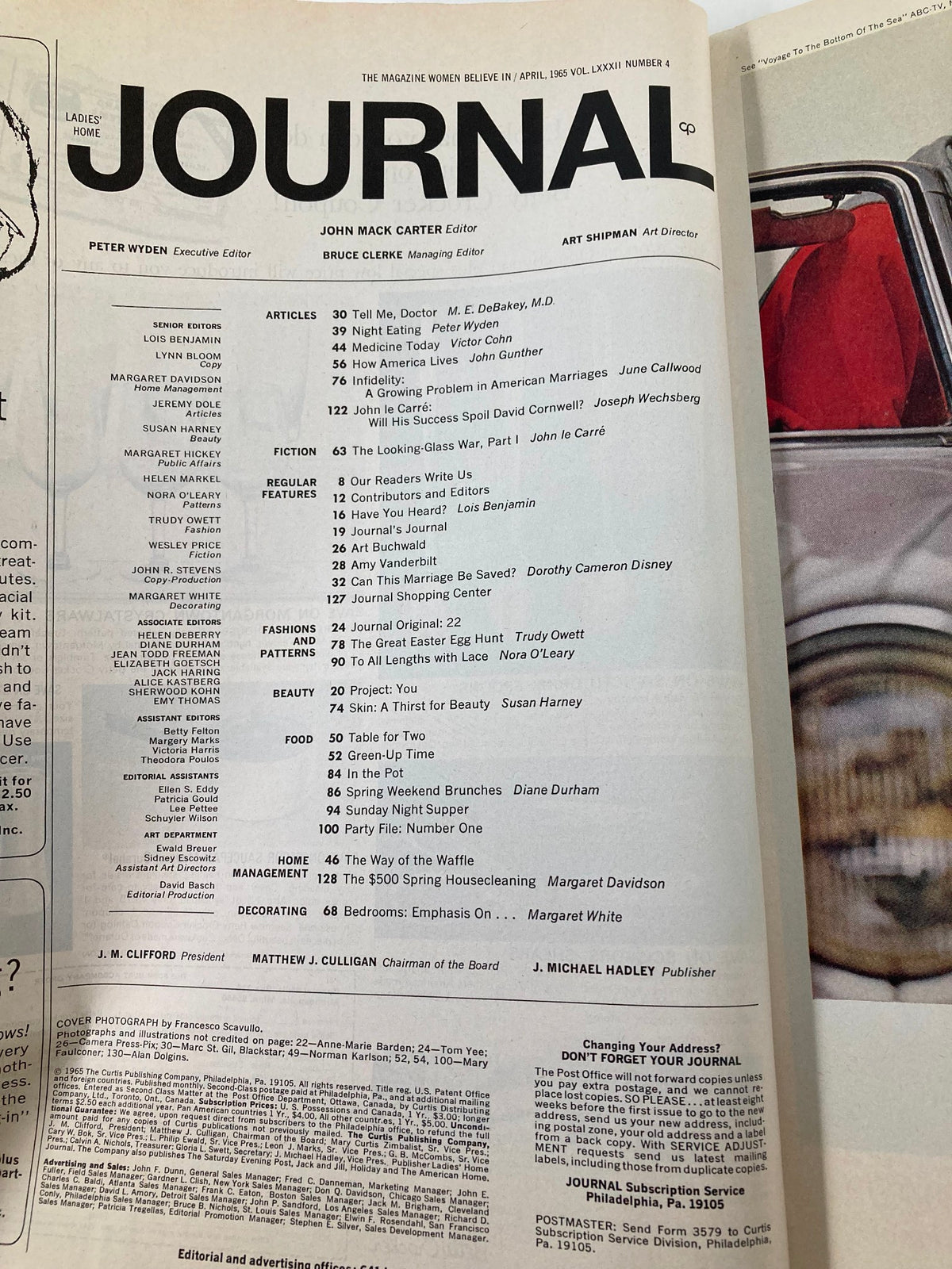 Table of contents page from VTG Ladies' Home Journal Magazine April 1965, listing articles including 'Tell Me, Doctor' and 'Night Eating: Why Dieters Fail After 10 p.m.' alongside various lifestyle features.
