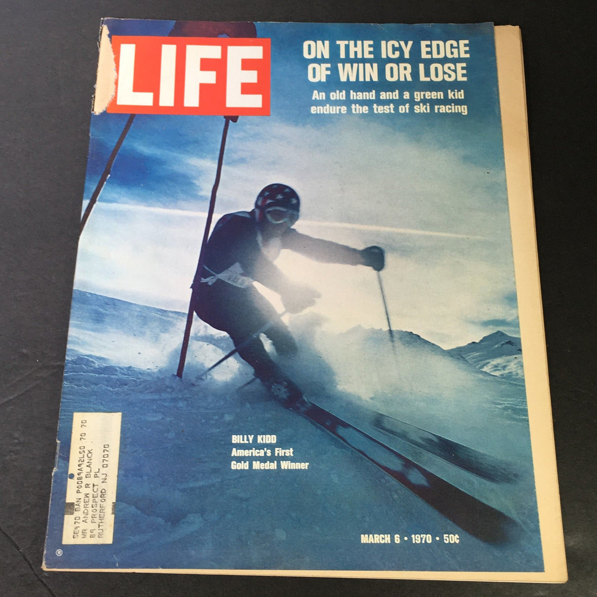 Vintage Life Magazine from March 6, 1970, featuring a ski racer on the cover, celebrating Billy Kidd, America's first Olympic gold medal winner in skiing. Ideal for collectors of vintage sports memorabilia.