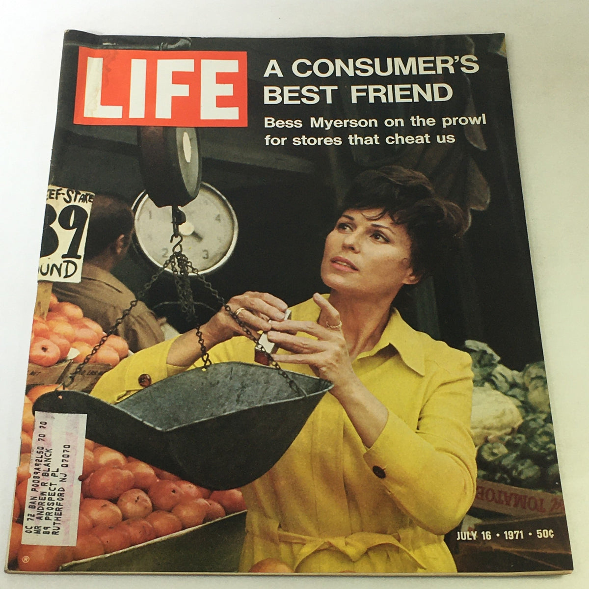 Vintage Life Magazine from July 16, 1971, featuring Bess Myerson on the cover with the title 'A Consumer's Best Friend On Prowl', showcasing a woman in a yellow coat examining a scale at a market.
