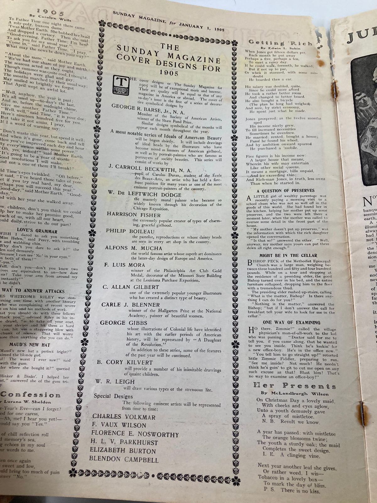 Listing of cover designs from VTG The Sunday Magazine January 1 1905, showcasing various artists and notable figures from that era.