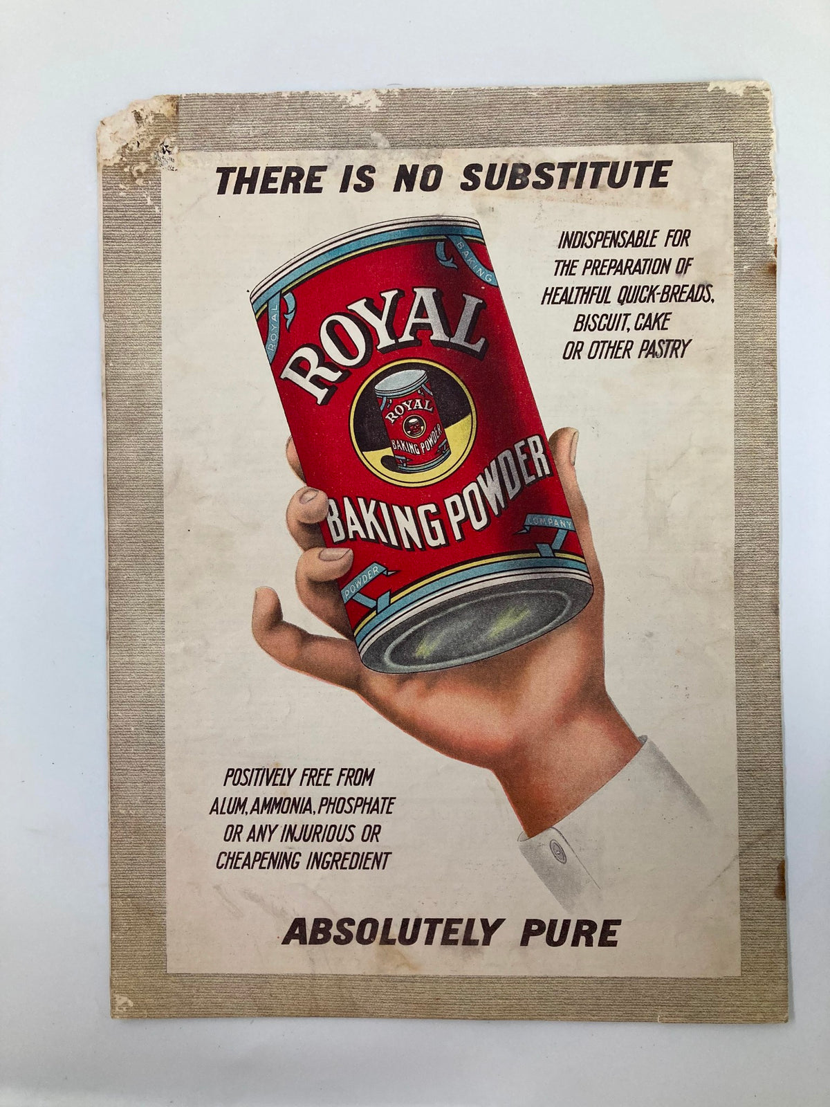 Vintage advertisement for Royal Baking Powder featuring a hand holding a can, emphasizing its pure ingredients and health benefits. From VTG The Sunday Magazine January 1 1905.