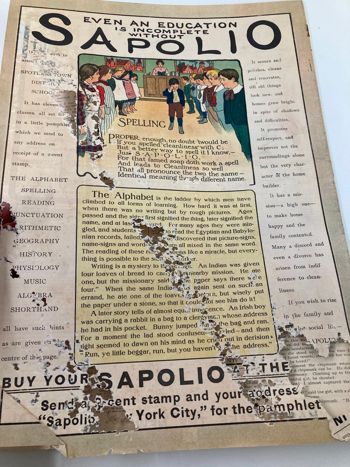Vintage advertisement page from VTG The Sunday Magazine October 23 1904 for educational material titled 'Sapolio,' showing children and educational references.