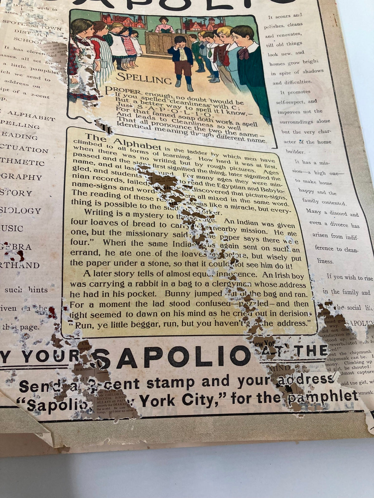 Close-up view of the vintage advertisement page from VTG The Sunday Magazine October 23 1904 for 'Sapolio,' illustrating its themes of education and childhood.