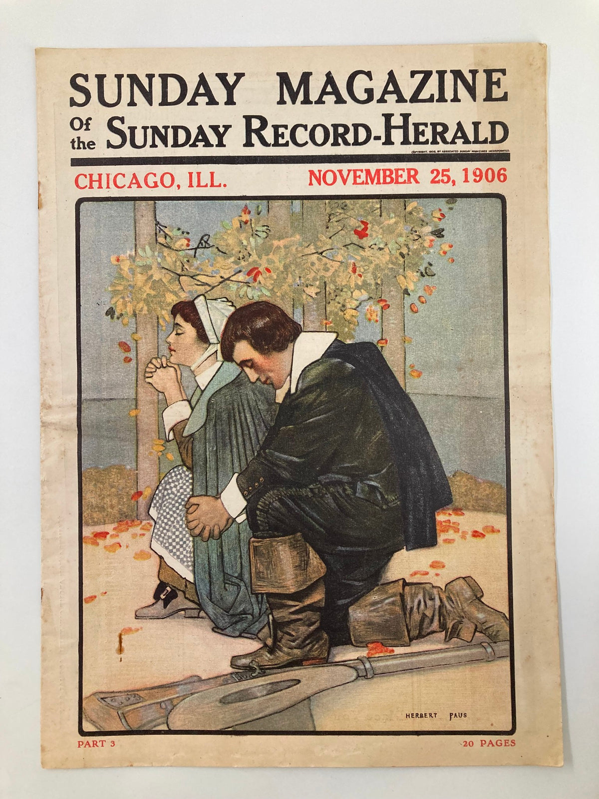 Cover of Vintage The Sunday Magazine, November 25 1906, featuring a historical illustration depicting a man and woman in a serene outdoor setting.