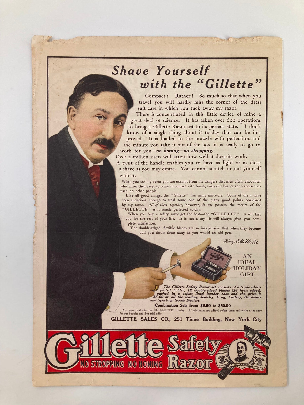Vintage advertisement for Gillette Safety Razor, featuring a well-dressed man promoting the product. This ad emphasizes personal grooming and serves as a great collectible item related to early 20th-century marketing, from the VTG The Sunday Magazine December 15 1907 The Wheel of Fortune.
