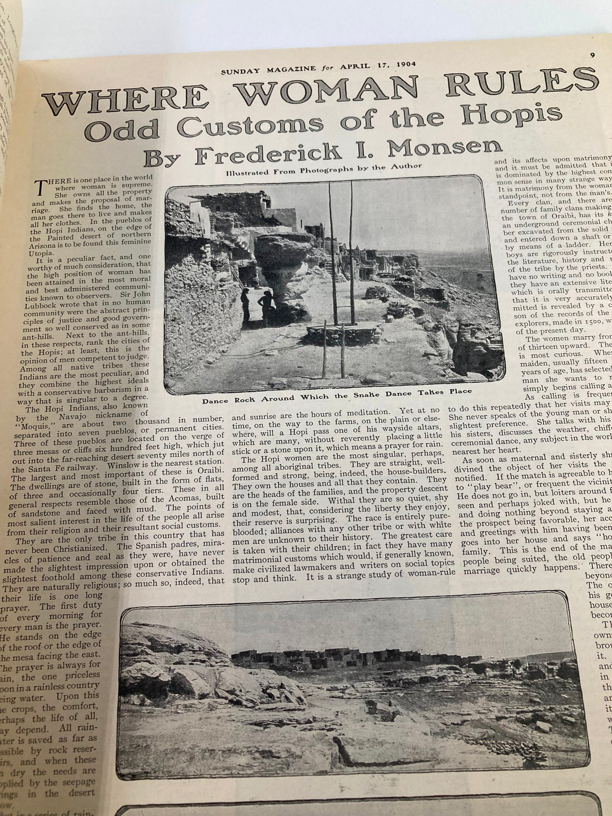 Interior page of VTG The Sunday Magazine April 17 1904, featuring the article 'Where Woman Rules' and photographs illustrating the customs of the Hopi tribe.