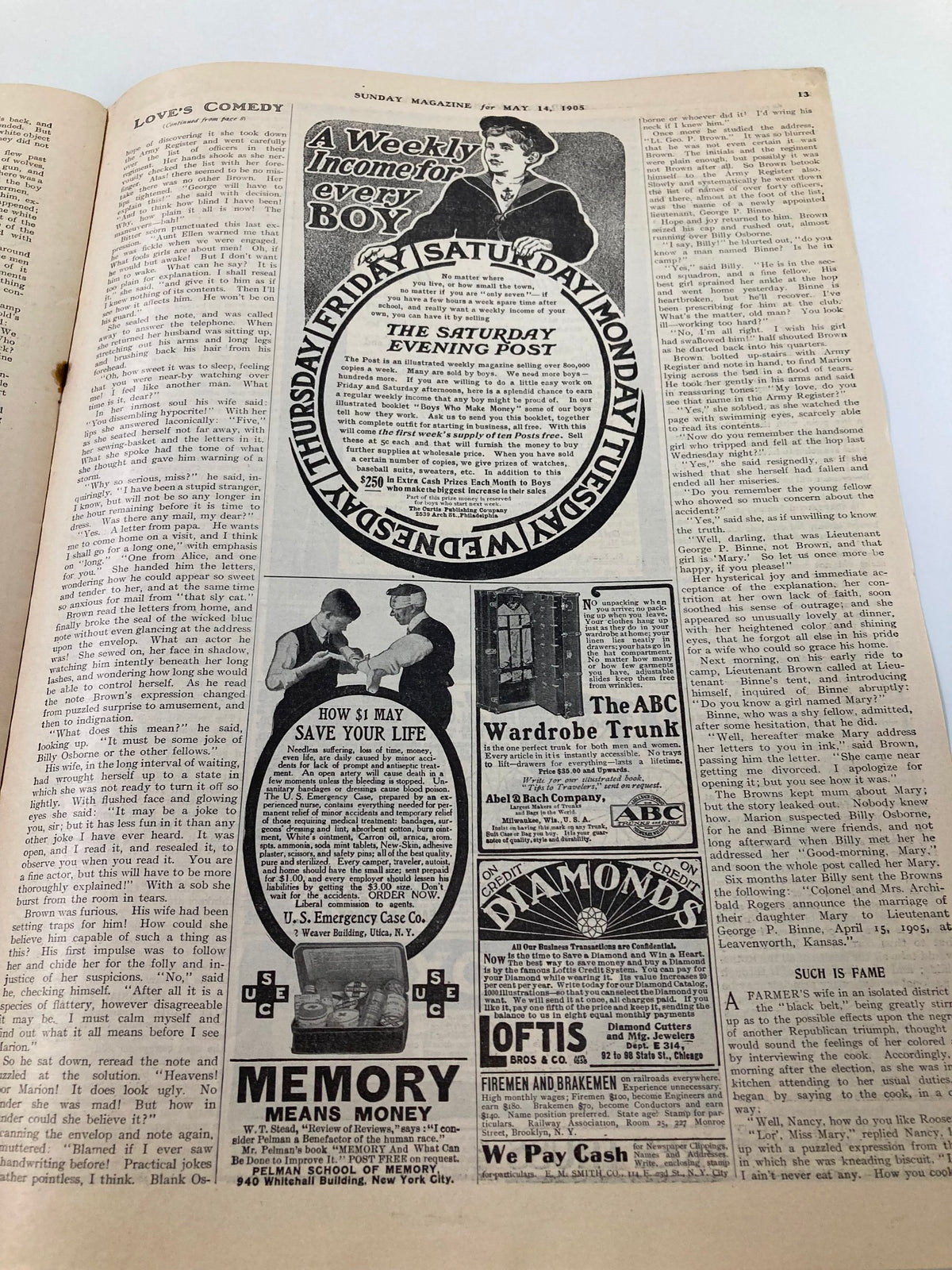 Another interior page of VTG The Sunday Magazine May 14 1905 displaying advertisements and articles from the early 1900s, highlighting vintage graphic design.