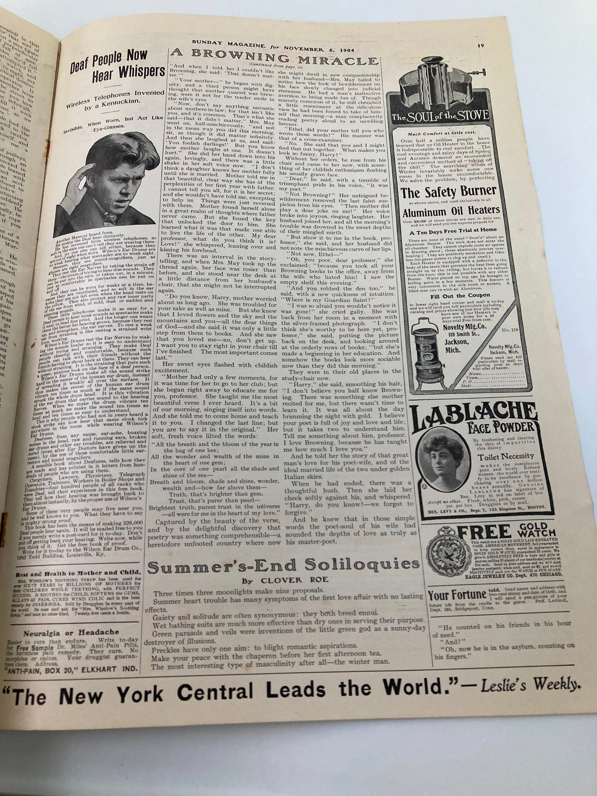 Inside page of VTG The Sunday Magazine November 6 1904, displaying the article 'Browning Miracle' alongside historical advertisements.