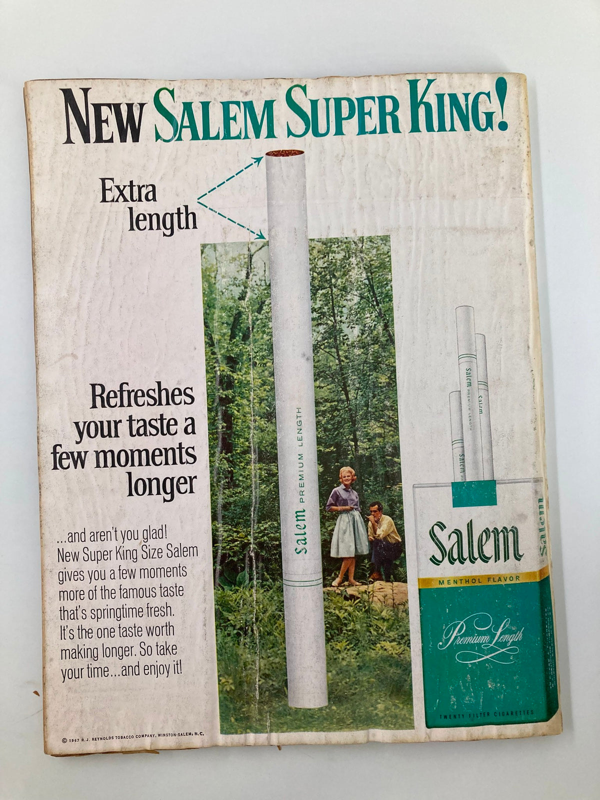 Advertisement in VTG Better Homes and Gardens Magazine October 1967 introducing Salem Super King menthol cigarettes with a nature-themed background.