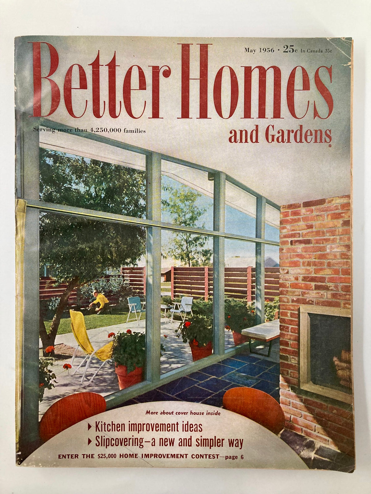 Cover of VTG Better Homes and Gardens Magazine May 1956 featuring slipcovering techniques with outdoor seating and home decor elements.