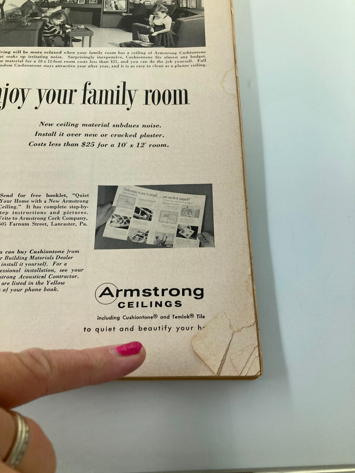 Back cover of VTG Better Homes and Gardens Magazine May 1956 with an advertisement for Armstrong ceilings, showcasing family interactions.