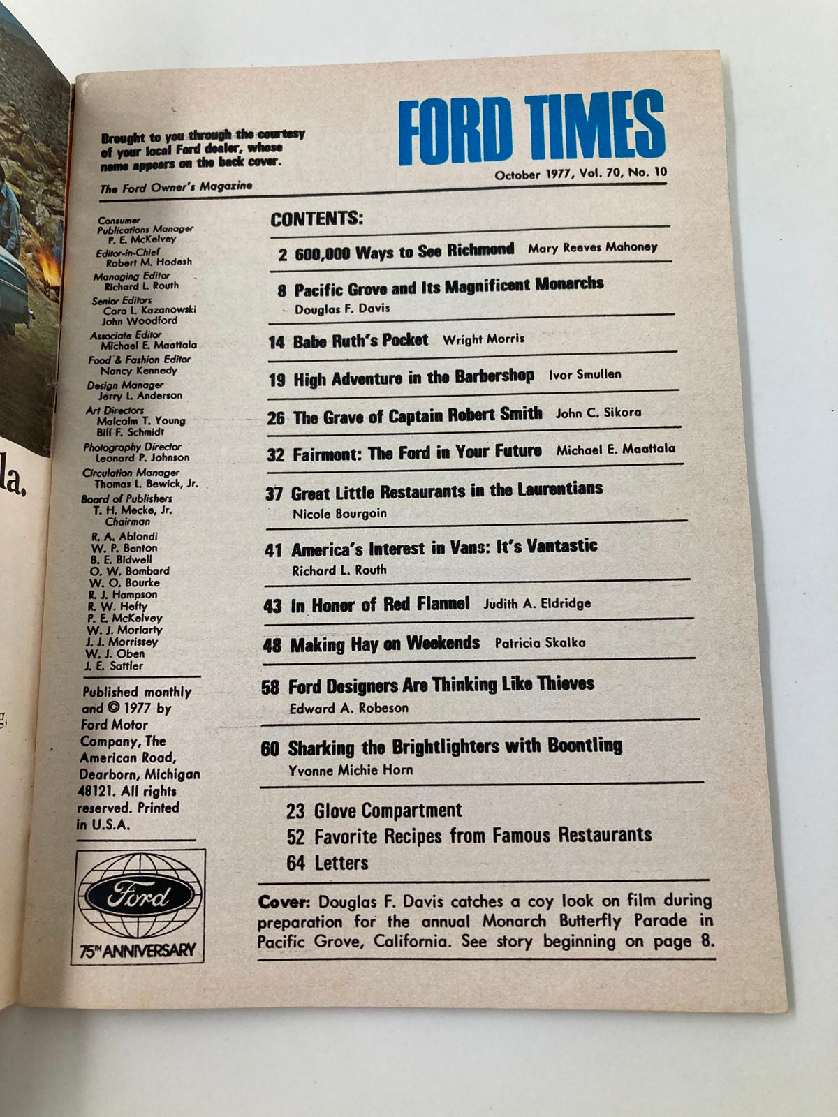 Interior page of VTG Ford Times Magazine - October 1977 displaying the contents including articles about Pacific Grove's Monarch Celebration.