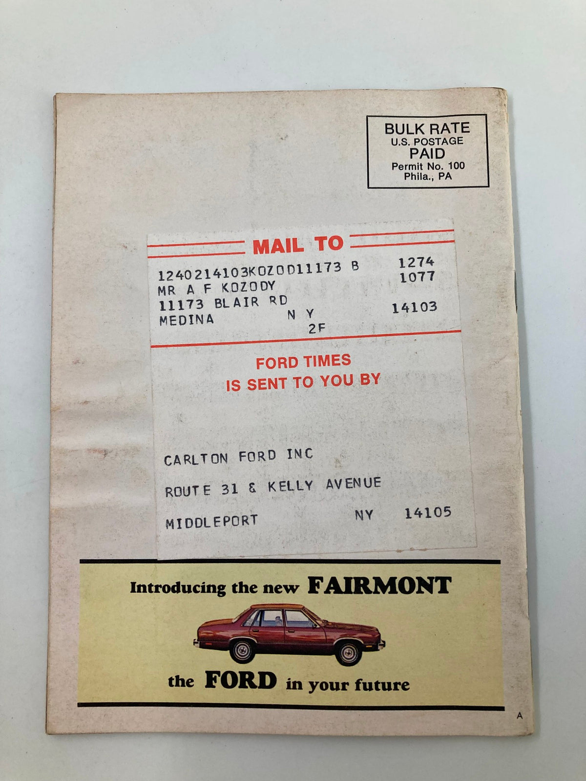 Back cover of VTG Ford Times Magazine - October 1977 with mailing details and an advertisement for the new Fairmont model.