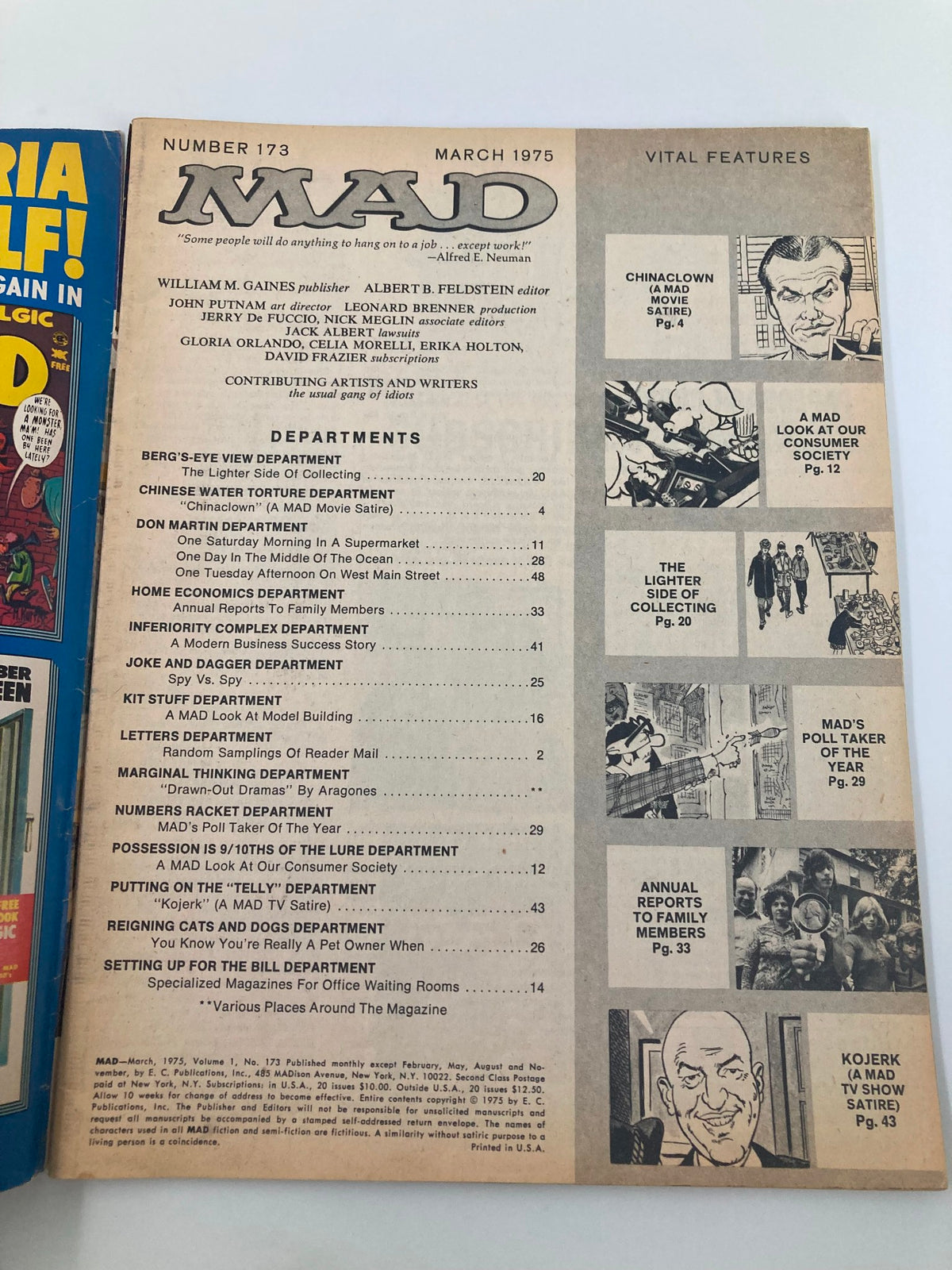 Inside page of Mad Magazine March 1975 No. 173, showcasing the table of contents with various humorous department titles and illustrations. This page highlights the magazine's comedic offerings and cultural commentary.