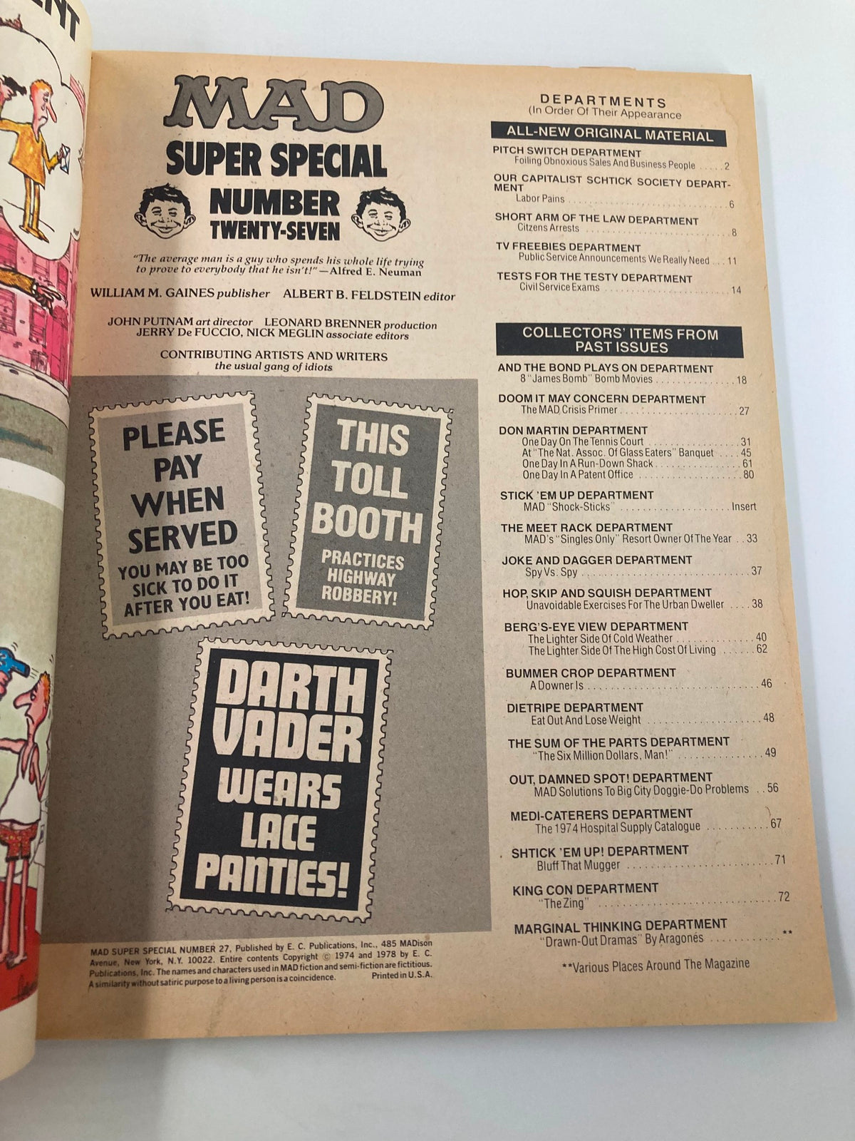 Interior page of Mad Magazine 1978 No. 27 showcasing the table of contents including various comedic segments and advertisements, with a focus on the magazine's layout and vintage design.
