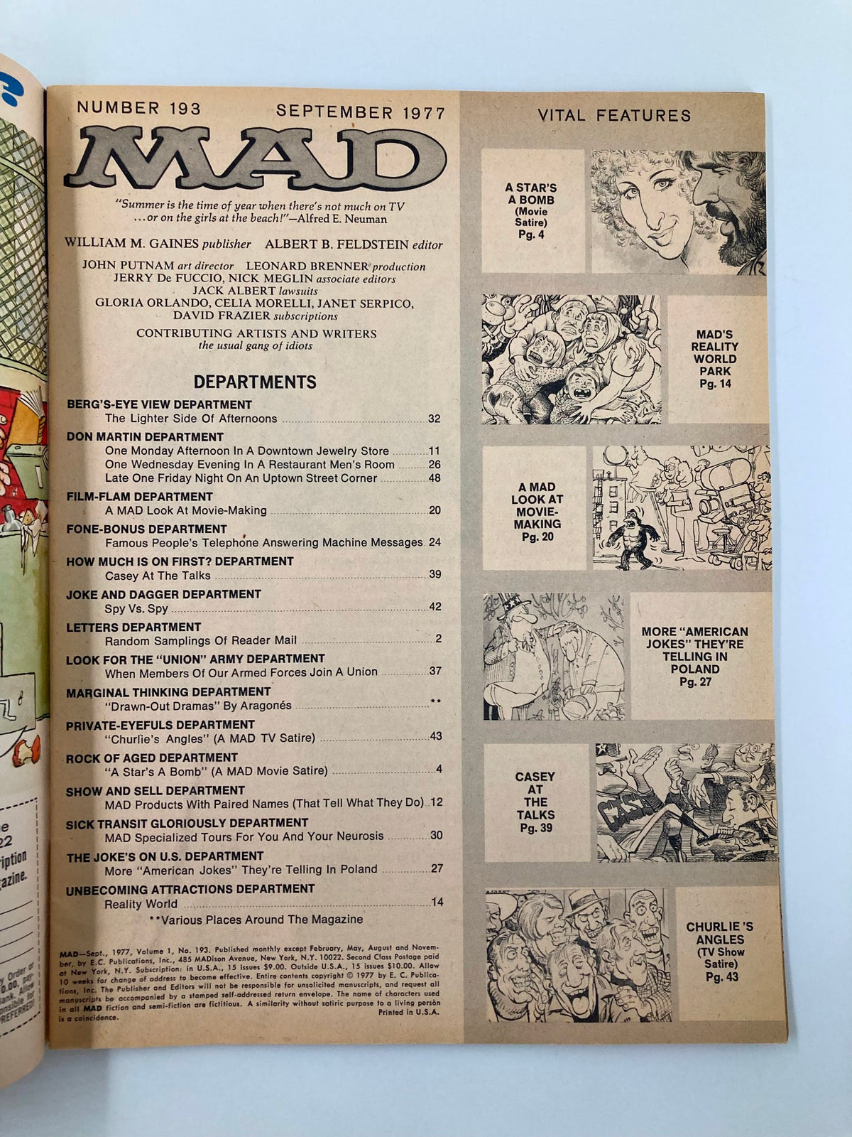 Table of contents from Mad Magazine September 1977 No. 193 highlighting various departments and features including 'A Star's A Bomb' and 'Charlie's Angels'.