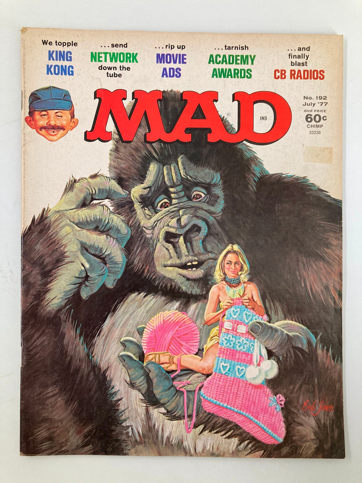 Cover of Mad Magazine July 1977 No. 192 featuring a parody of 'King Kong' with a giant gorilla and a woman holding a colorful knitted stocking.