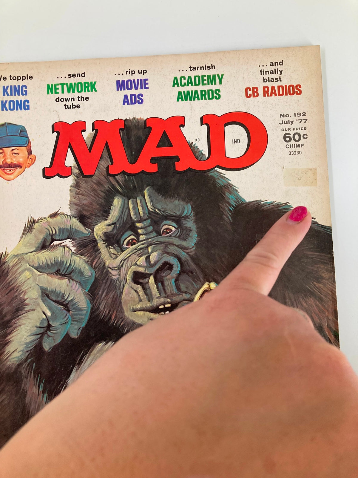 Close-up of the cover of Mad Magazine July 1977 No. 192, showing the title and details of the parody content including 'We Topple King Kong'.