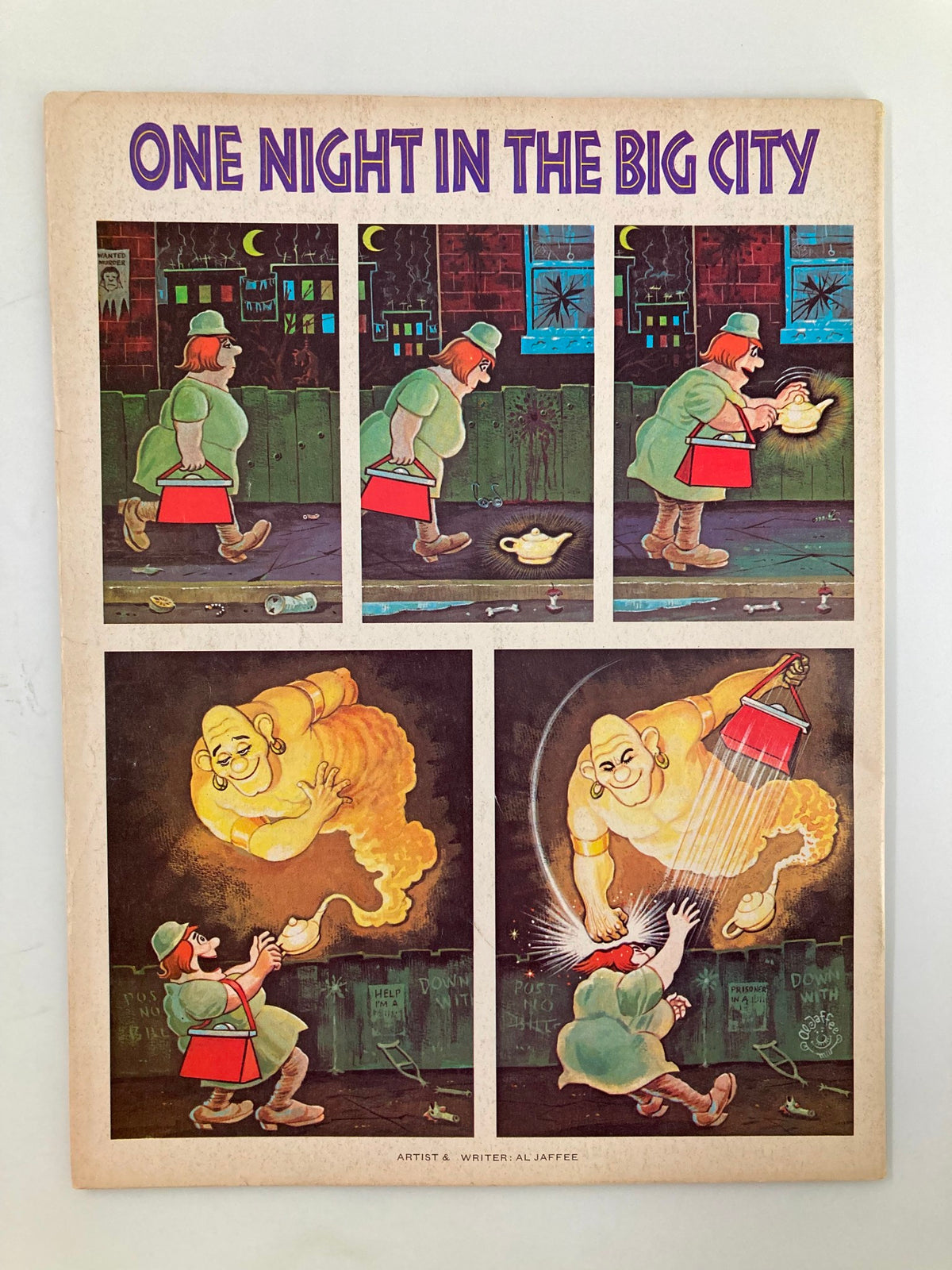 Mad Magazine July 1977 No. 192 cover image featuring a comedic comic strip titled 'One Night in the Big City' by artist and writer Al Jaffee, showcasing humorous scenes of a character discovering a magical lamp.