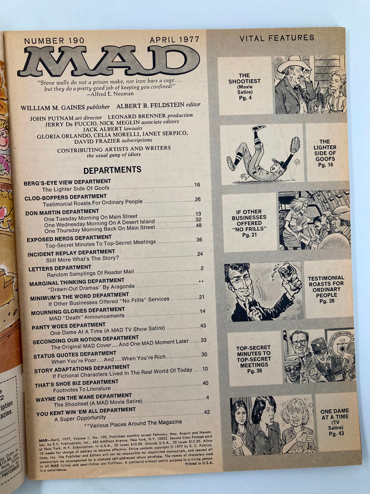 Interior page of Mad Magazine April 1977 No. 190 displaying the table of contents with sections including 'The Shootist' and various comedic features.