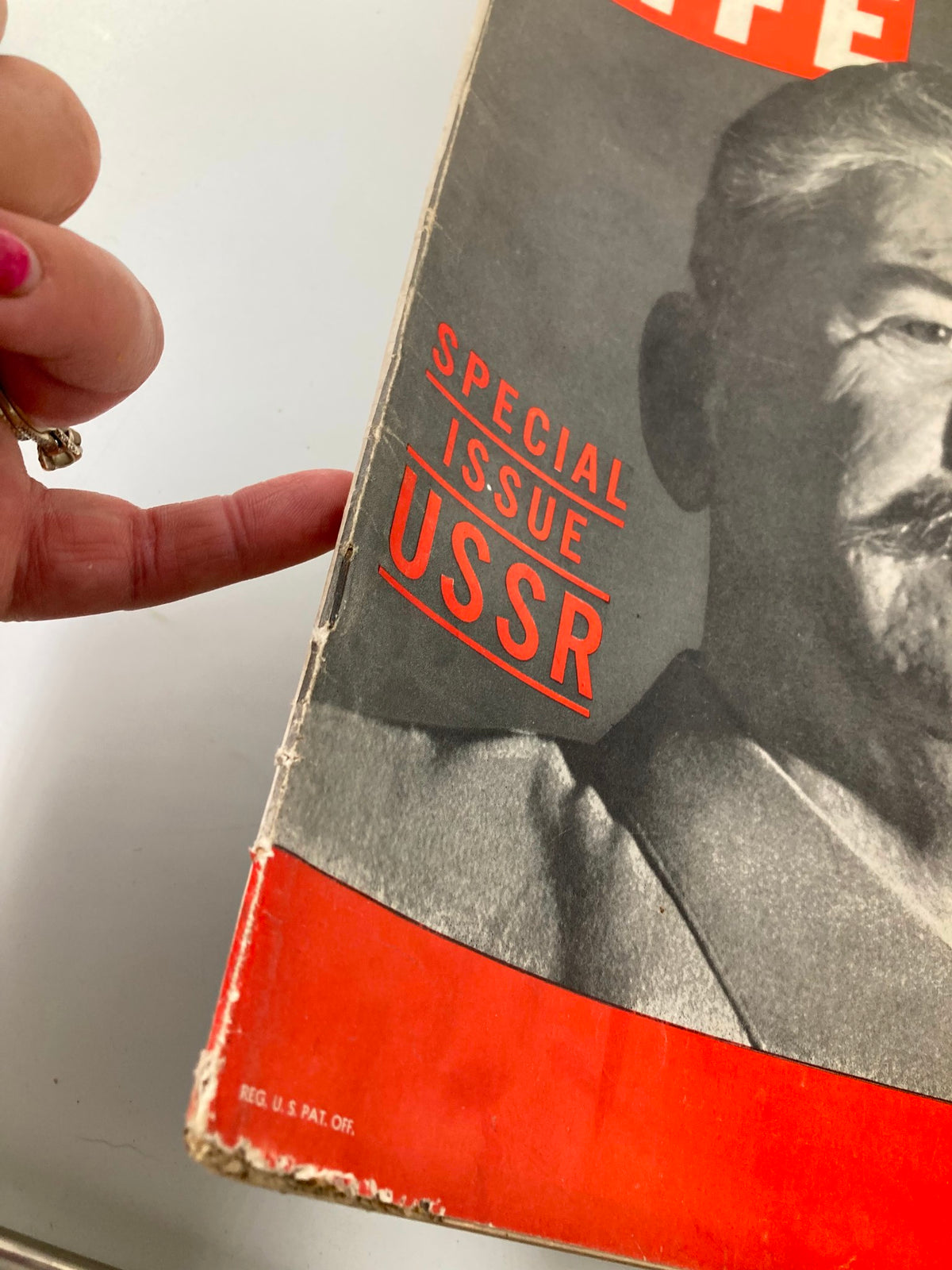 Close-up view of the VTG Life Magazine from March 29, 1943, featuring a special issue on Joseph Stalin, highlighting the text 'SPECIAL ISSUE USSR' on the cover.