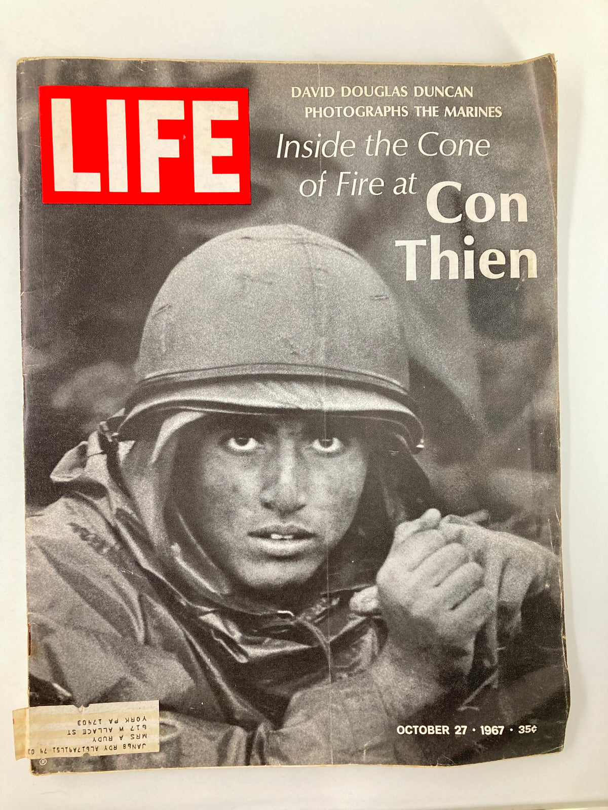 Cover of Vintage Life Magazine dated October 27, 1967, featuring an image of a soldier, with the title 'Inside The Cone of Fire at Con Thien' and red 'LIFE' logo.