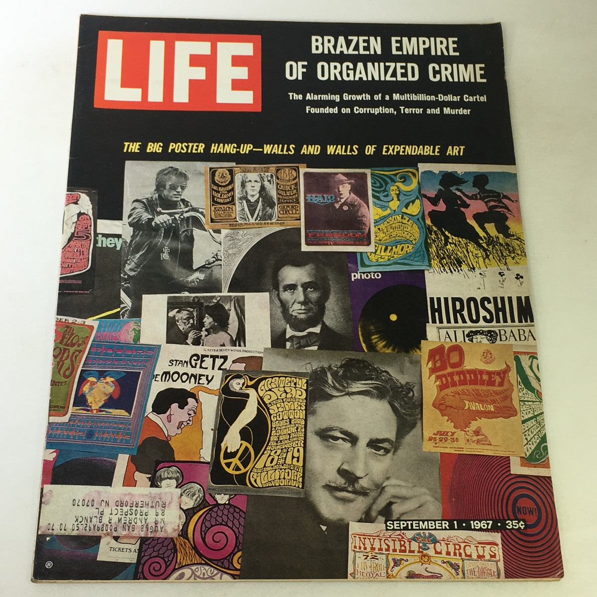 Cover of VTG Life Magazine, September 1, 1967, featuring the title 'Brazen Empire of Organized Crime Cartel.' The cover includes colorful graphics and typography related to organized crime, showcasing a mix of cultural imagery and vintage design elements.