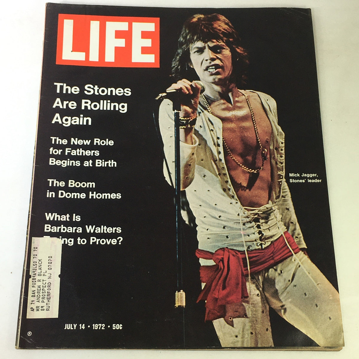 Vintage Life Magazine cover from July 14, 1972, featuring Mick Jagger with the headline 'The Stones Are Rolling Again'.