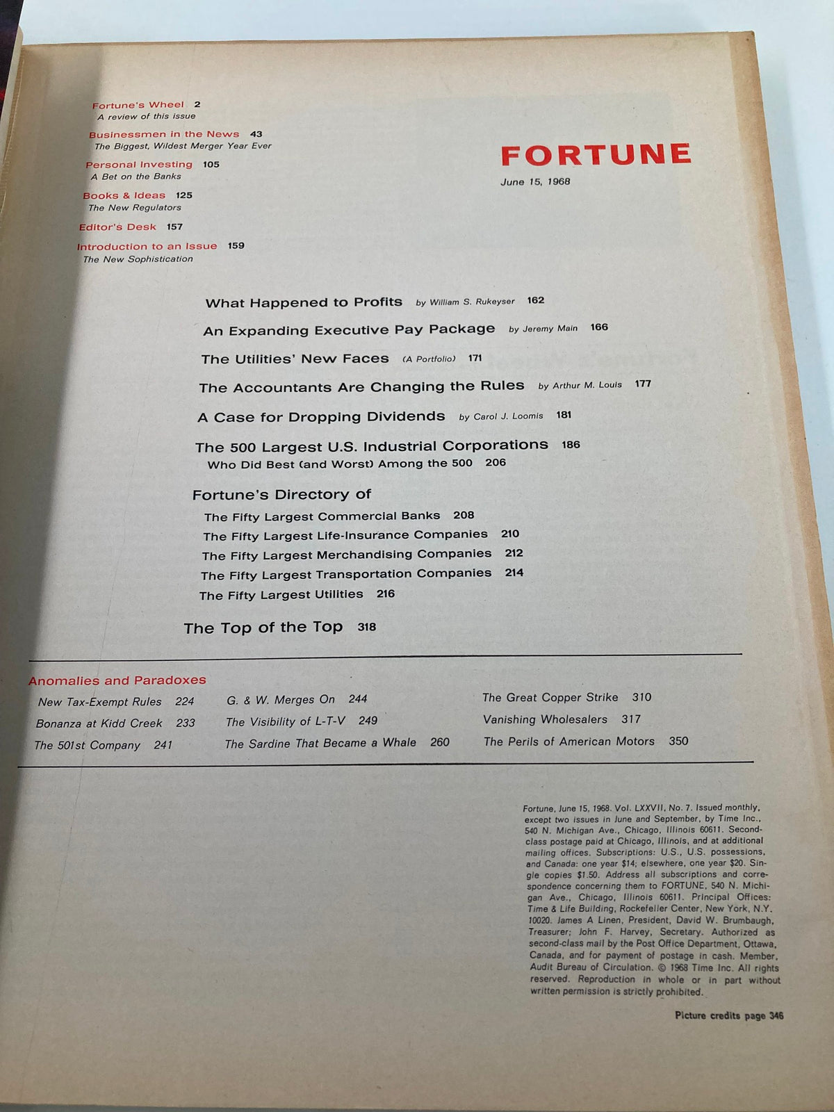 Table of contents from the VTG Fortune Magazine June 15 1968 edition, detailing featured articles and corporate rankings.