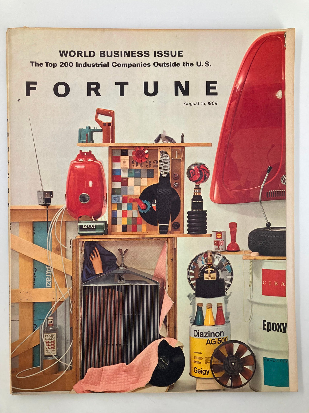 VTG Fortune Magazine August 15, 1969 cover featuring a collage of vintage items and the title 'WORLD BUSINESS ISSUE: The Top 200 Industrial Companies Outside the U.S.'