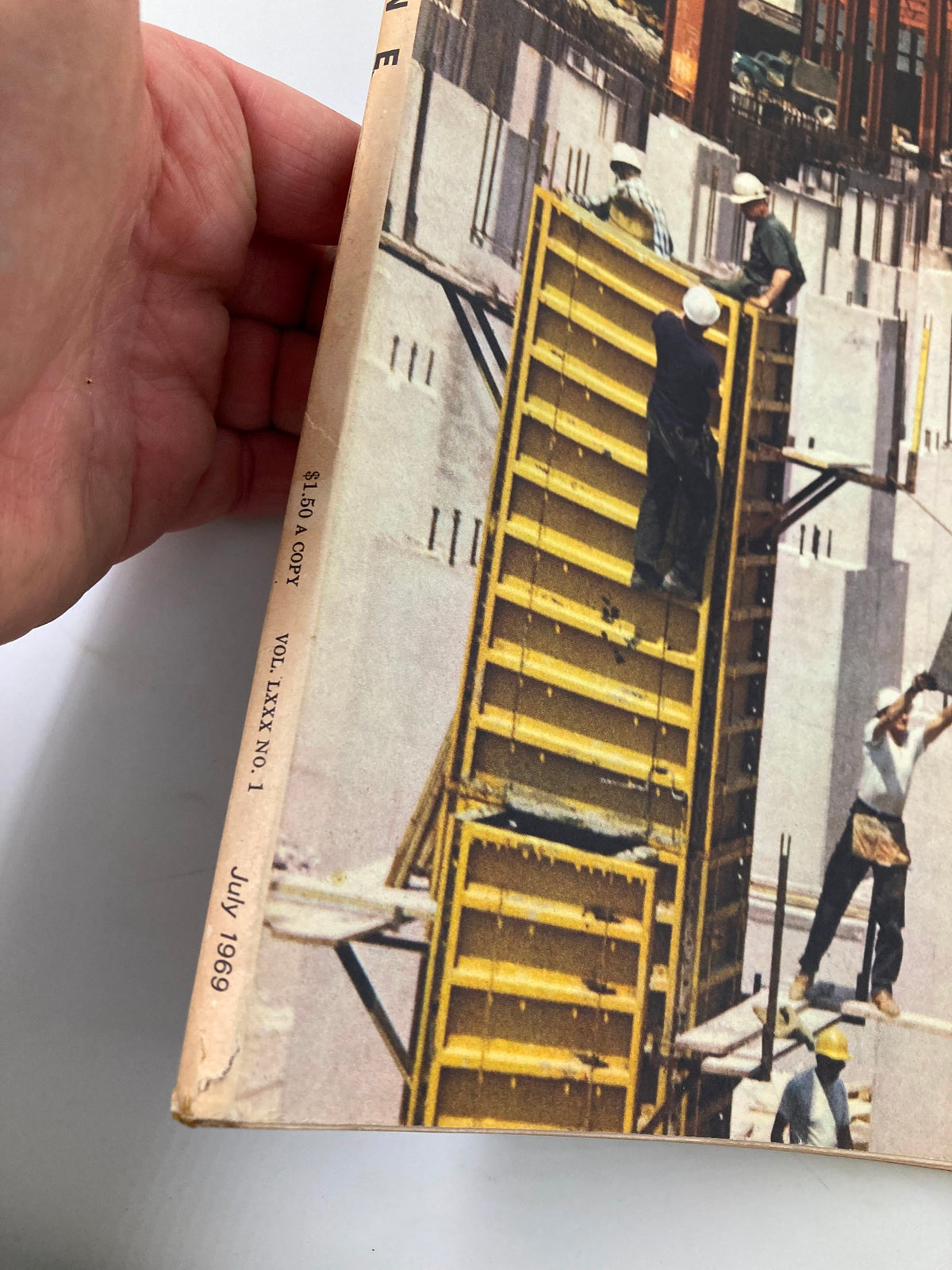 Side view of the vintage Fortune Magazine from July 1969, showing the magazine title, edition details, and condition of the spine.