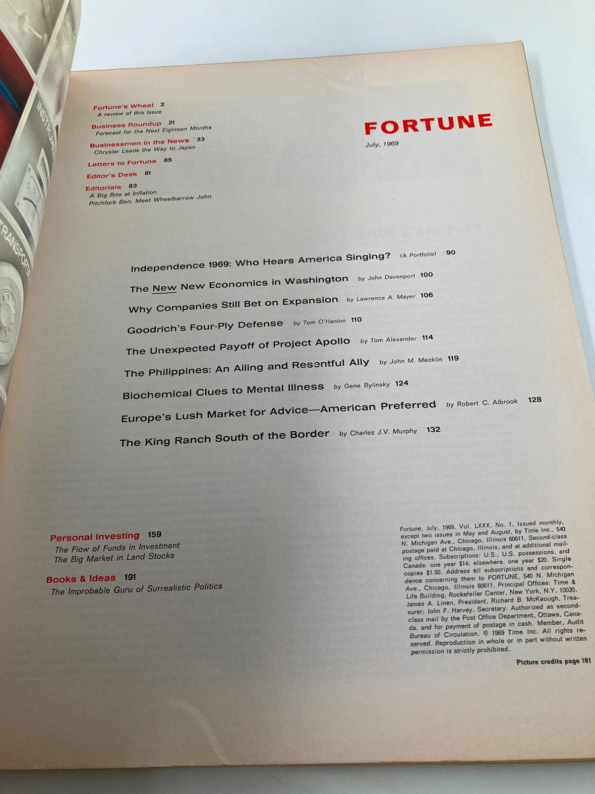 Inside page of the vintage Fortune Magazine from July 1969, displaying the table of contents with various articles related to economics and business trends of the time.