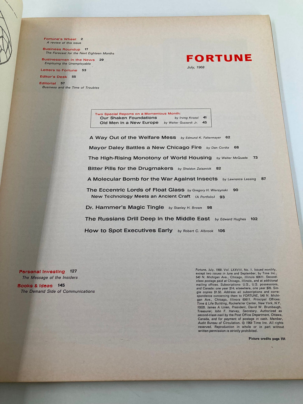 Interior page of the VTG Fortune Magazine July 1968 listing the table of contents, featuring articles on business and economic topics.