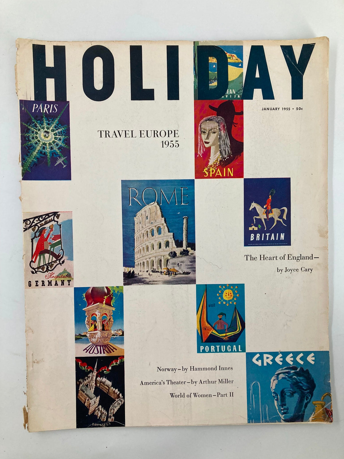 Cover of VTG Holiday Magazine January 1955 showcasing travel destinations in Europe, including 'The Heart of England' article, featuring vibrant illustrations representing various countries.