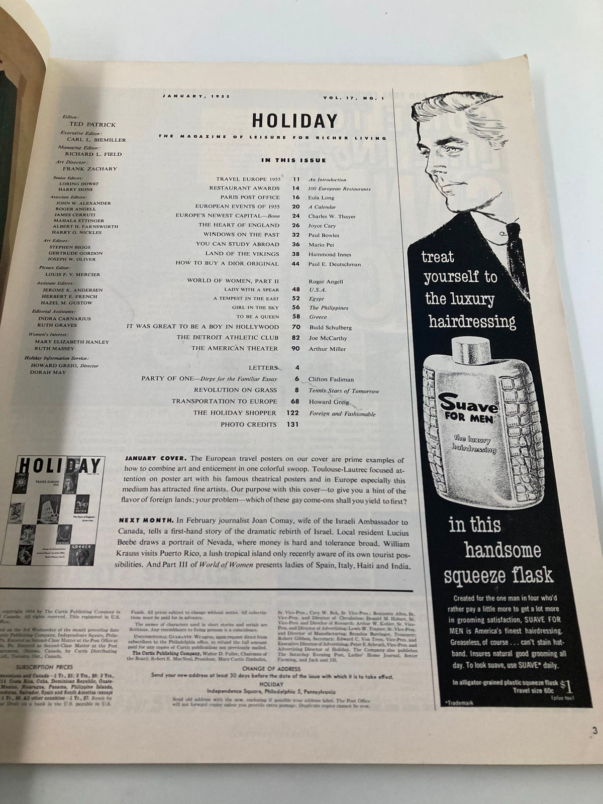 Table of contents page inside VTG Holiday Magazine January 1955 featuring articles about travel in Europe.