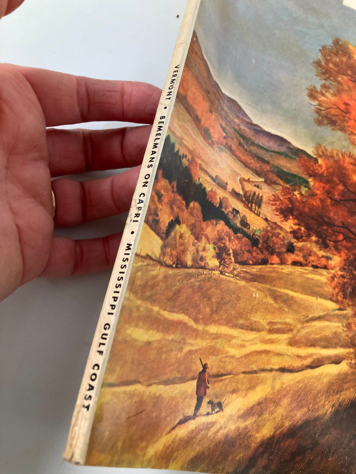 Side view of the VTG Holiday Magazine November 1949 titled 'Memory of Mt. Vermont Autumns', showing the spine with text 'VERMONT' and hints of the autumn landscape cover.