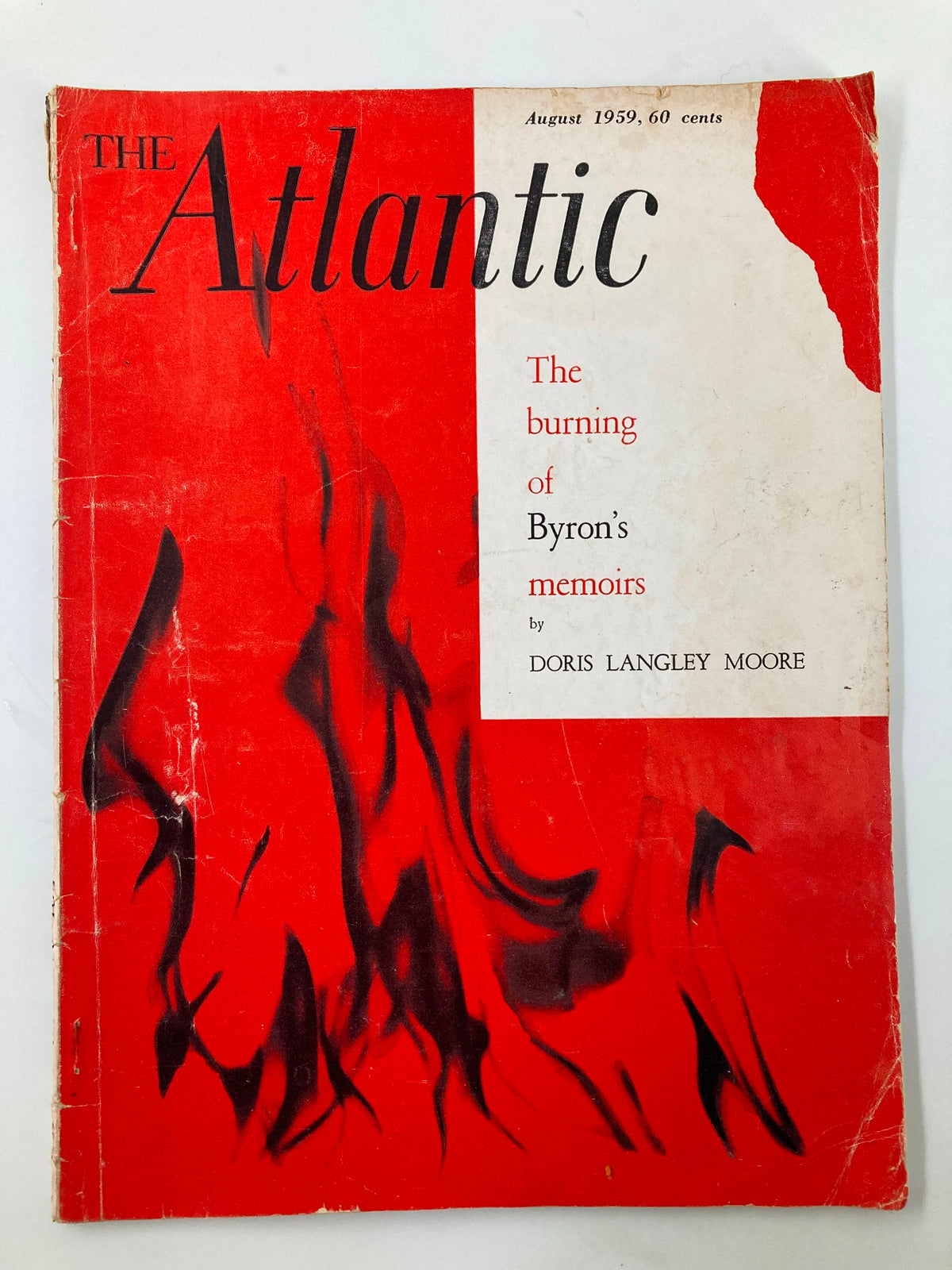 Cover of VTG The Atlantic Magazine August 1959 featuring 'The Burning of Byron's Memoirs' by Doris Langley Moore with a striking red design.