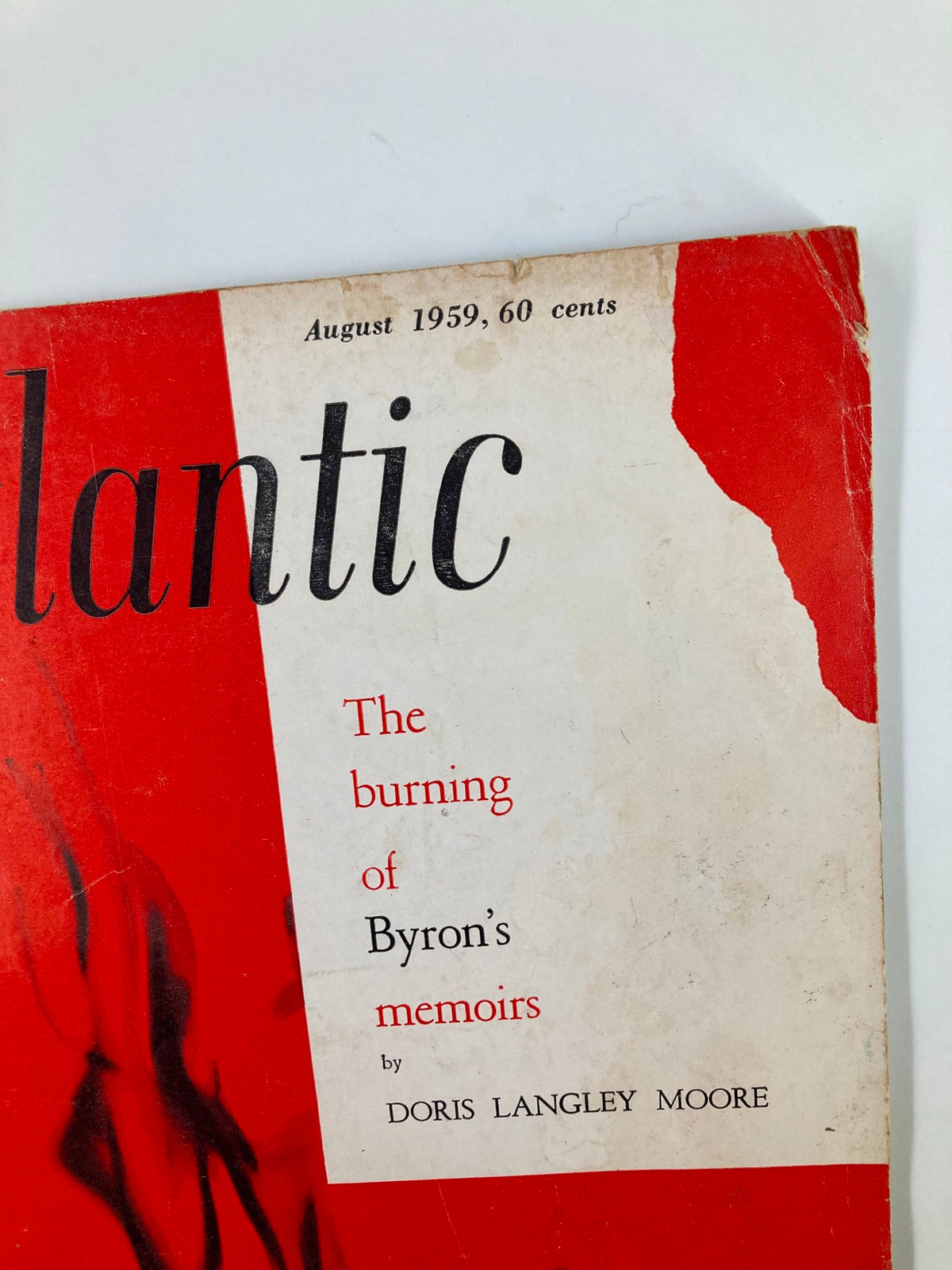 Close-up of the title page for VTG The Atlantic Magazine August 1959 highlighting 'The Burning of Byron's Memoirs' by Doris Langley Moore.