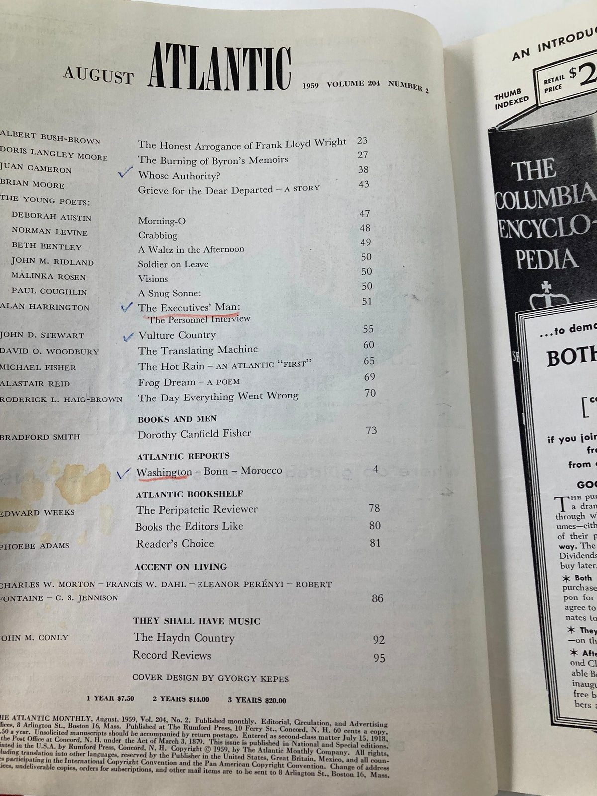 Inner page of VTG The Atlantic Magazine August 1959 displaying the table of contents including 'The Burning of Byron's Memoirs'.