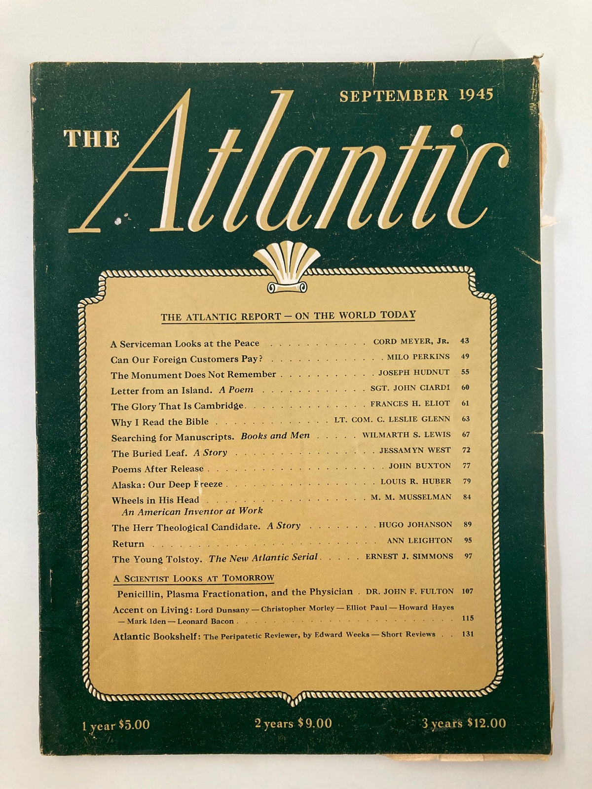 Vintage The Atlantic Magazine from September 1945 featuring the article 'The Glory That Is Cambridge.' The cover illustrates a rich green background with titles and contents listed, reflecting post-war America.