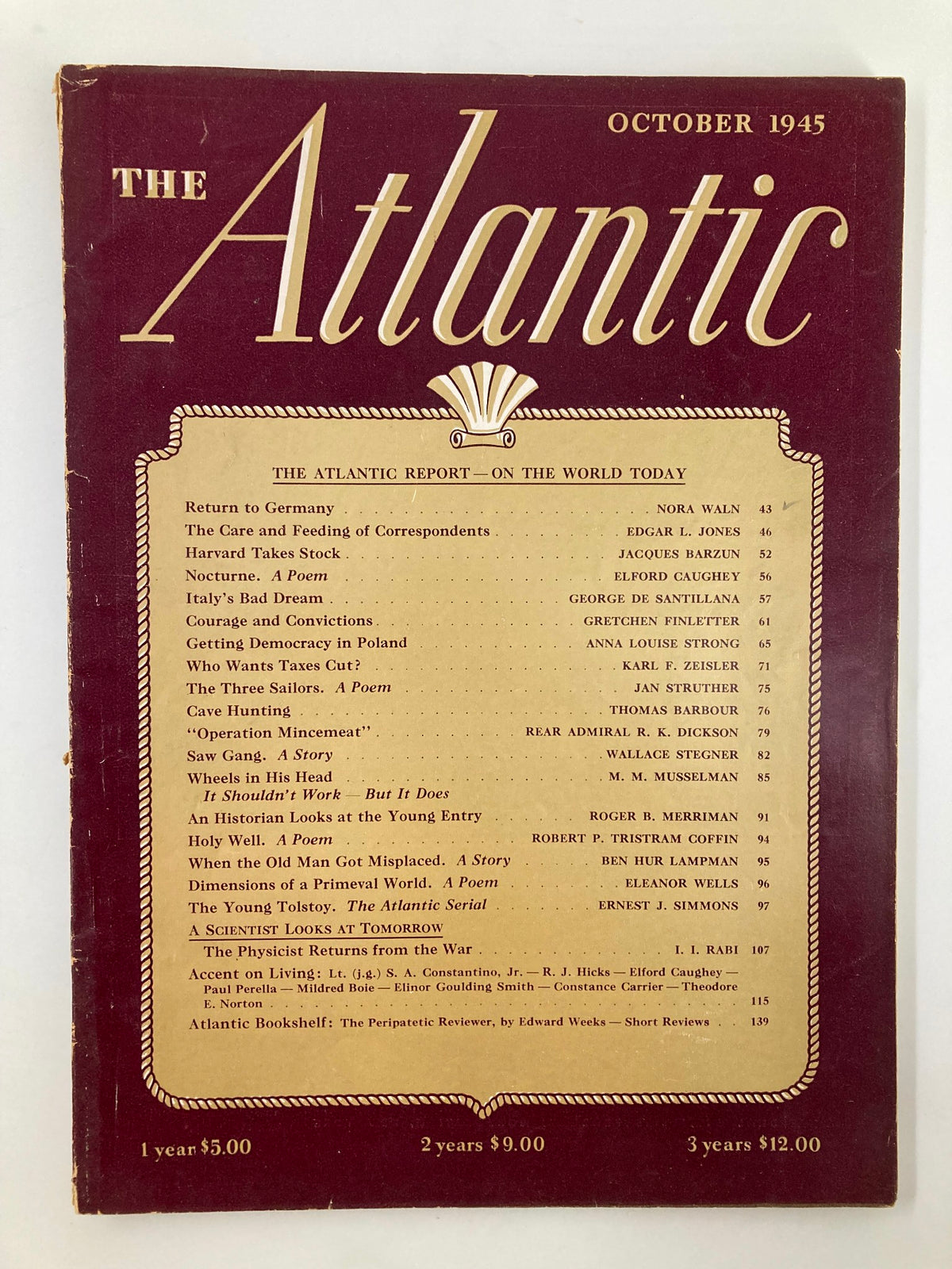 Cover of the vintage October 1945 issue of The Atlantic Magazine, featuring the title prominently along with a list of articles including 'Getting Democracy in Poland', set against a rich burgundy background.