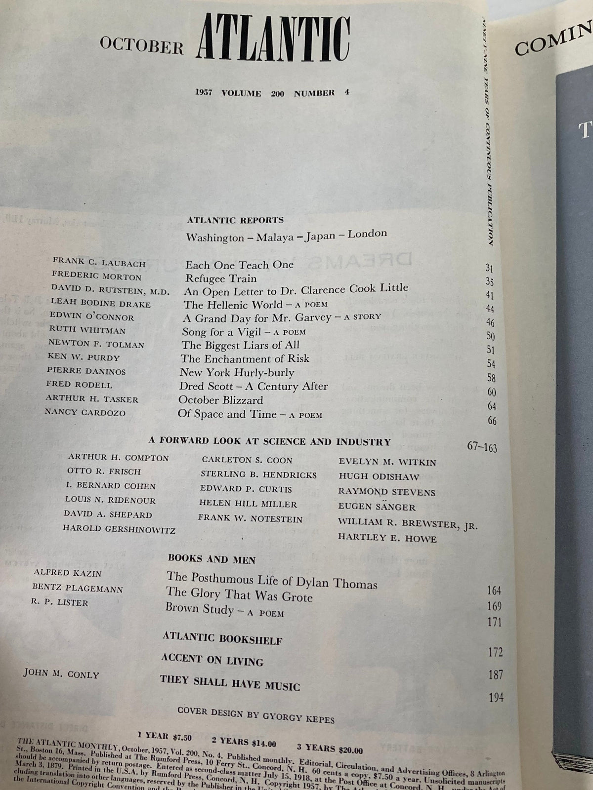 Table of contents from the October 1957 issue of The Atlantic Magazine, showcasing articles and features included in 'A Forward Look at Science'.