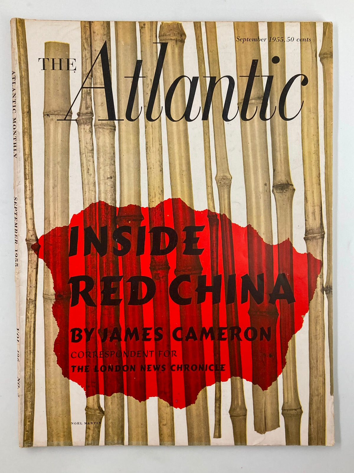 Cover of VTG The Atlantic Magazine from September 1955 featuring the title 'Inside Red China' by James Cameron, showcasing bamboo graphics and a striking red background.