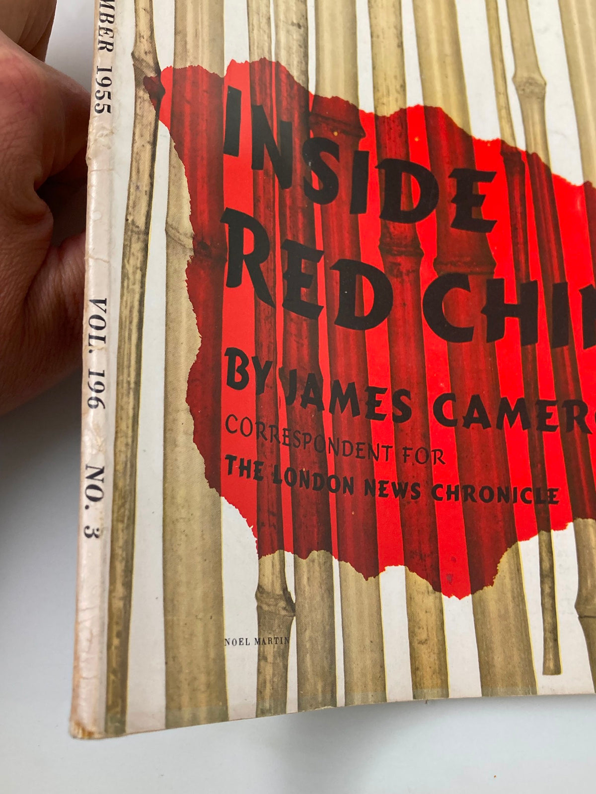 Detail of the spine of VTG The Atlantic Magazine September 1955 showing the title 'Inside Red China' by James Cameron, with publishing details including volume 196, issue number 3.