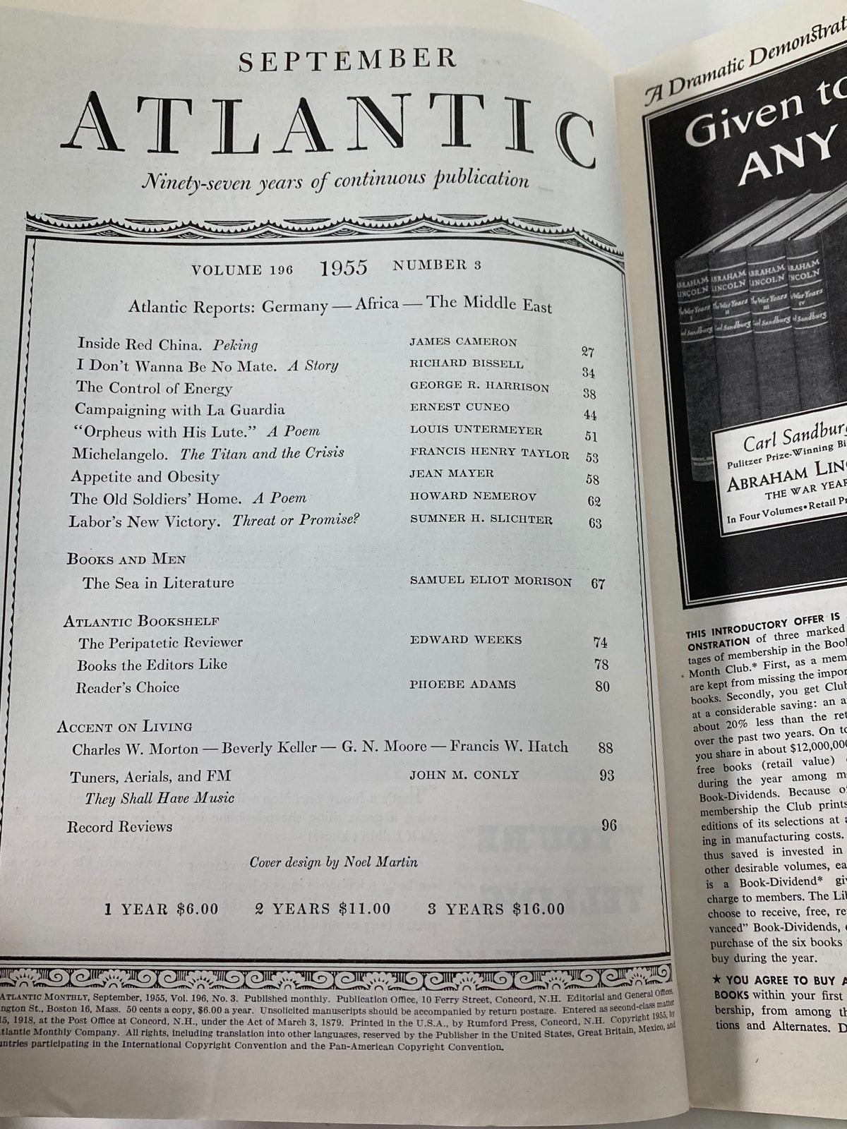 September 1955 edition of The Atlantic Magazine featuring the title 'Inside Red China' by J. Cameron, showing the table of contents with topics including Atlantic Reports on Germany, Africa, and the Middle East, along with notable articles and contributors.
