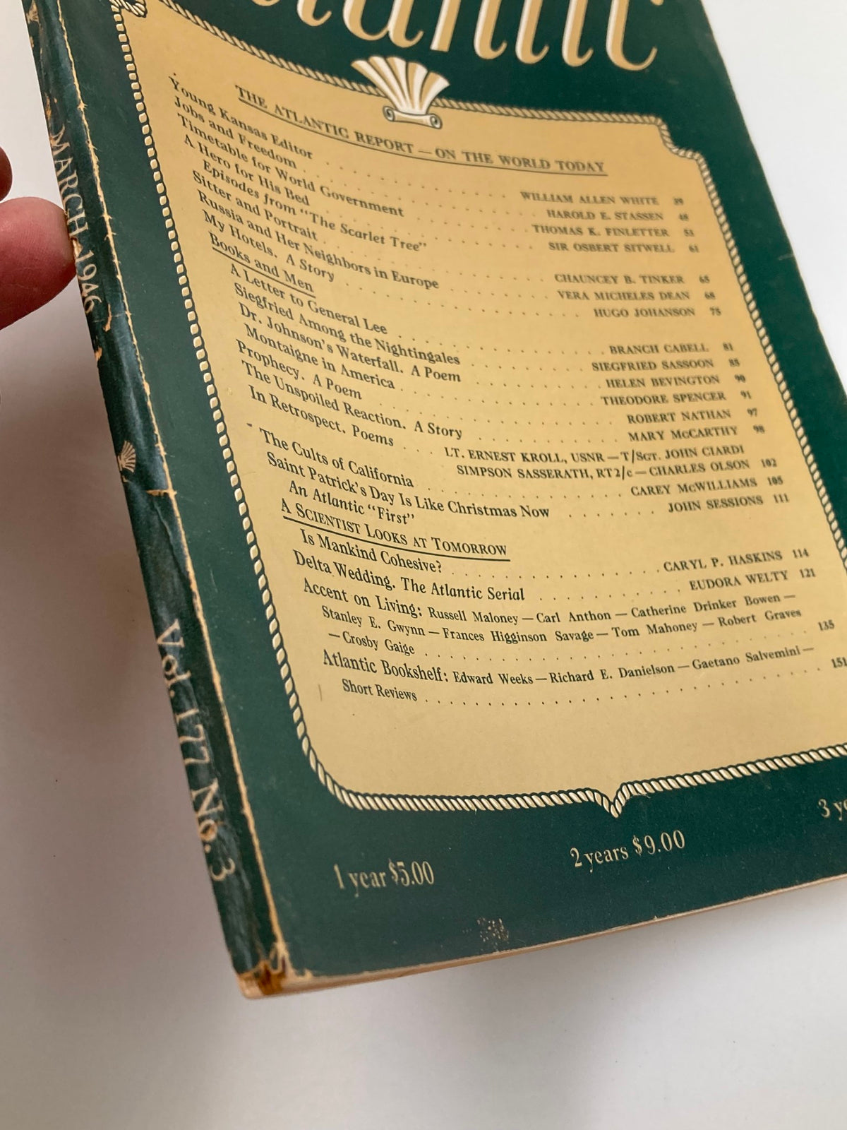 Detailed view of the spine of the March 1946 The Atlantic Magazine, illustrating the vintage condition and binding.