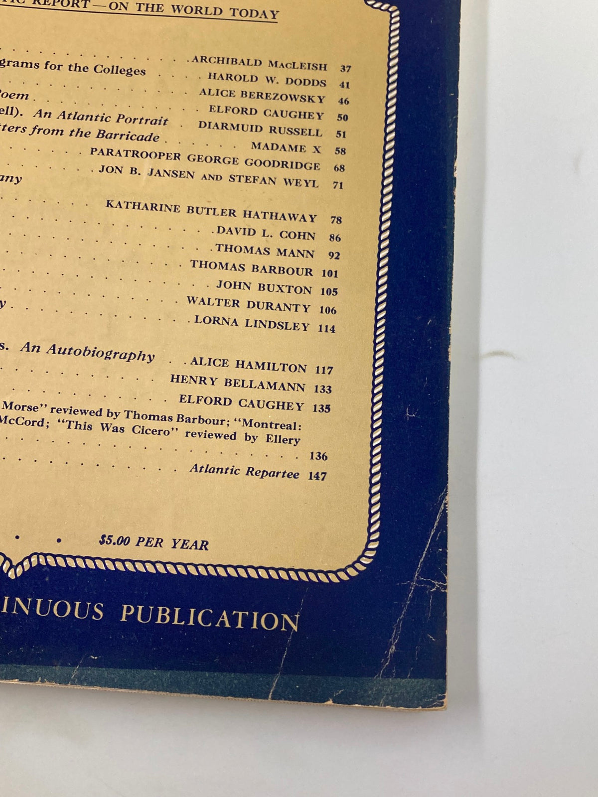 Close-up of the table of contents from VTG The Atlantic Magazine February 1943 displaying article titles and authors.