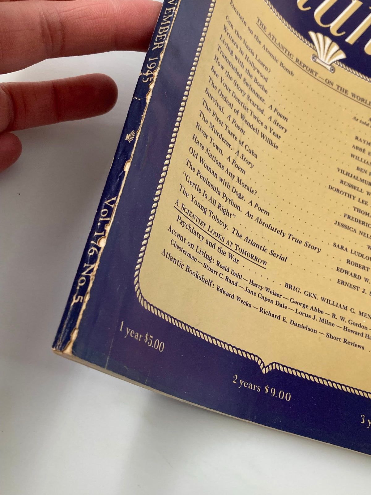 Another close-up image of the spine of VTG The Atlantic Magazine November 1945, showing detailed printing and condition, highlighting its historical value.